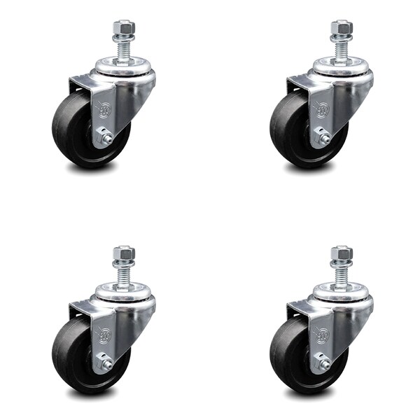 3.5 Inch Soft Rubber Wheel Swivel 1/2 Inch Threaded Stem Caster Set